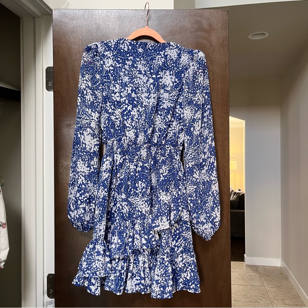 Aqua Blue Floral Ruffled Metallic Long Sleeve Smocked Mini Dress - Picture 3 of 3